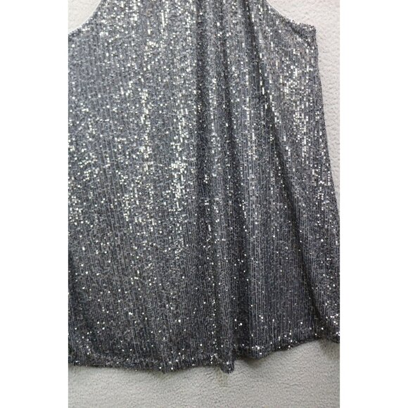 Loft Sleeveless Full Sequin Cutout Back Halter Swing Dress-Size Large-Silver - Picture 2 of 12